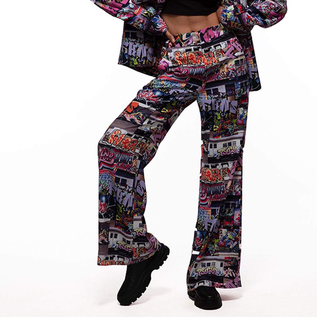 Graffiti Printed Straight Leg Trousers 