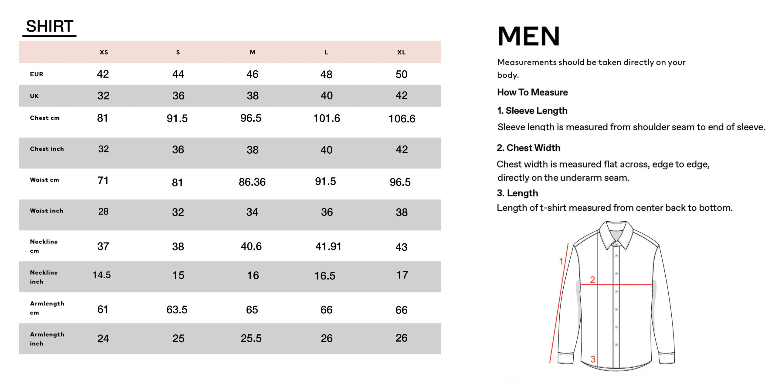 Casual Shirt Mens Size chart